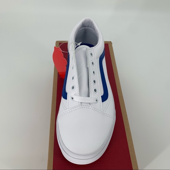 NIB Vans Old Skool Pop Classic White Blue Skater Shoe Leather - Picture 3 of 10